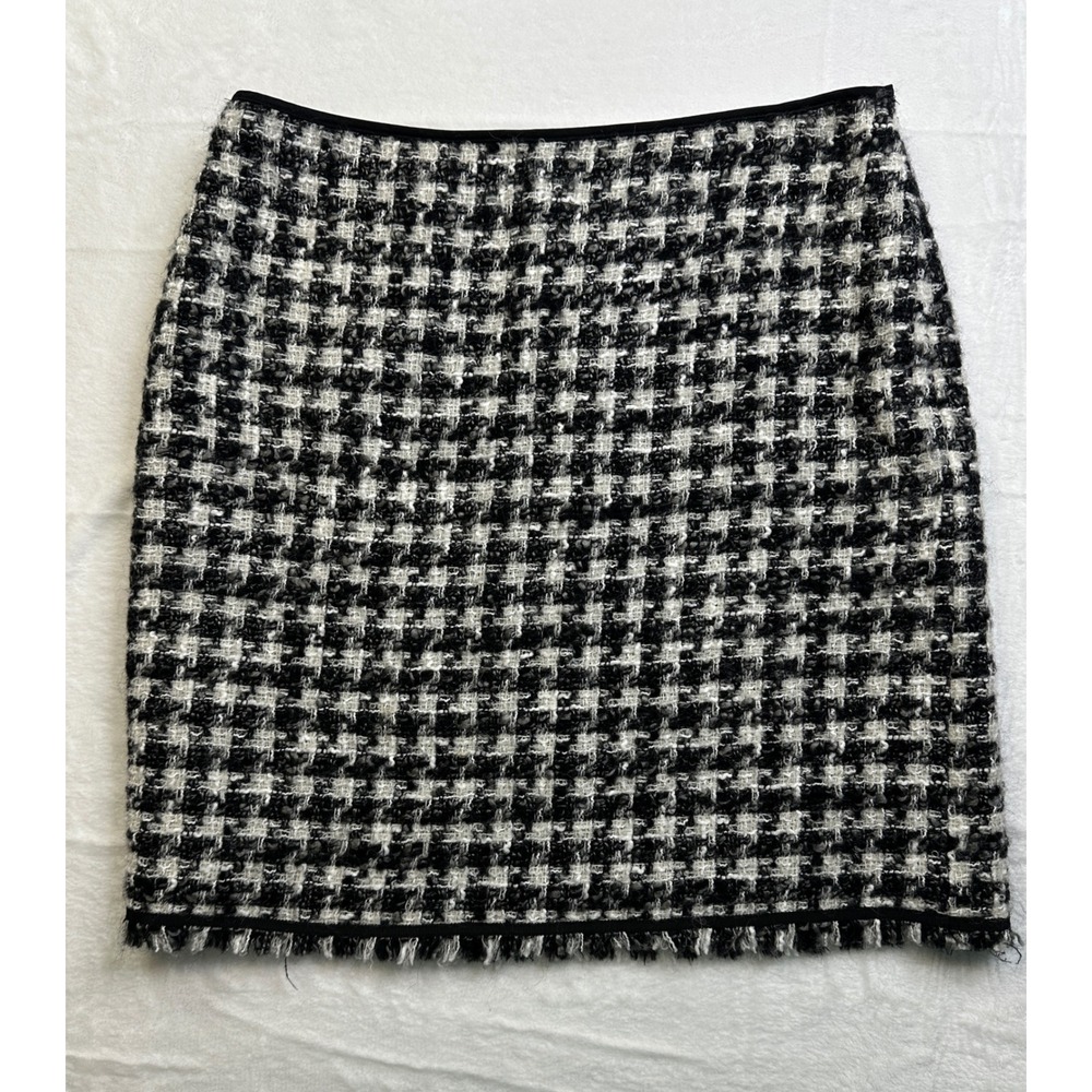 Ann Taylor Skirt Women 2P Black White Houndstooth Tweed Wool Blend Fringe Mini